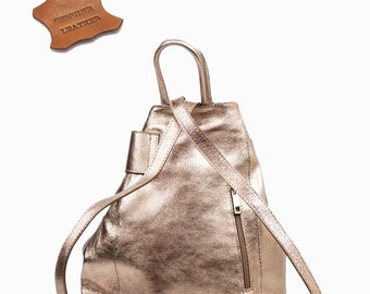 Soft, metallic bronze leather backpack made by hand. Metallic Bronze Leather Backpack: Top Zip City Bag - Etsy  main image 4