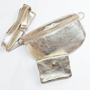 Gold belly bag, purse, Leather Shoulder Crossbody Belt Bag Silver Details, Fanny leather bag, Leather Cross body, Waist bag