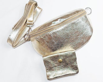 Bolso de vientre dorado, bolso, bolso de cinturón bandolera de cuero detalles en plata, bolso de cuero fanny, cuerpo cruzado de cuero, bolso de cintura