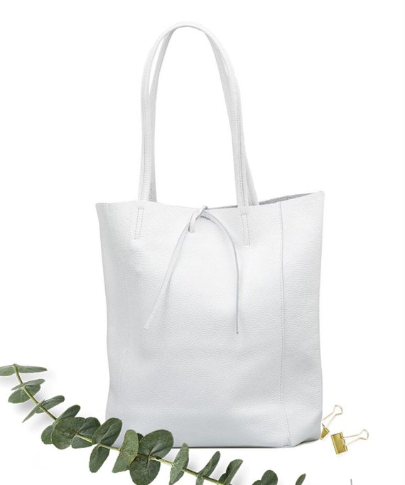 White Real Leather Tote Bag: Soft Calf Leather Shopper