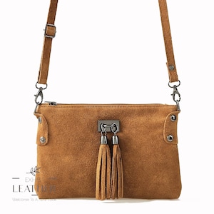 Suede real leather cross body bag in cognac brown, city bag, genuine leather purse, shoulder bag in brown leather