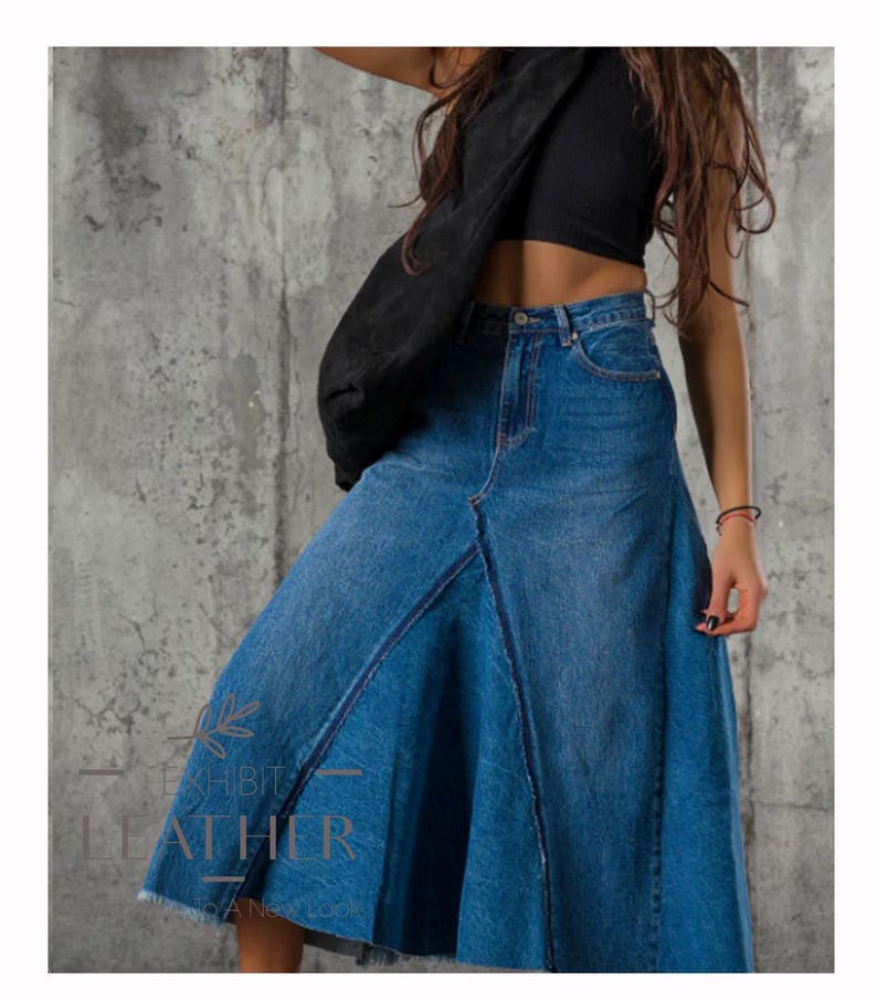May include: A blue denim skirt with a flared hem and a raw edge. The skirt has a high waist and a button closure.
