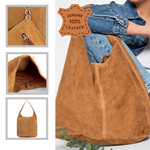 Cognac brown suede genuine leather hobo shoulder bag, Suede Leather Hobo Bag, Shopper Bag, brown color Big Laptop Bag
