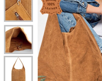 Cognac brown suede genuine leather hobo shoulder bag, Suede Leather Hobo Bag, Shopper Bag, brown color Big Laptop Bag