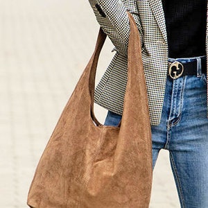 Dark taupe suede genuine leather hobo shoulder bag, Suede Leather Hobo Bag, Shopper Bag, Pale color Big Laptop Bag image 4