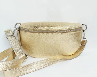 Gold Leather Fanny Pack: Crossbody Belt Bag with Silver Details