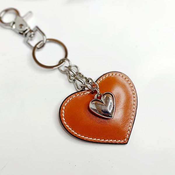 Cognac leather keychain, Genuine leather heart shaped small gift, heart keychain bridesmaid gift, bag ornament