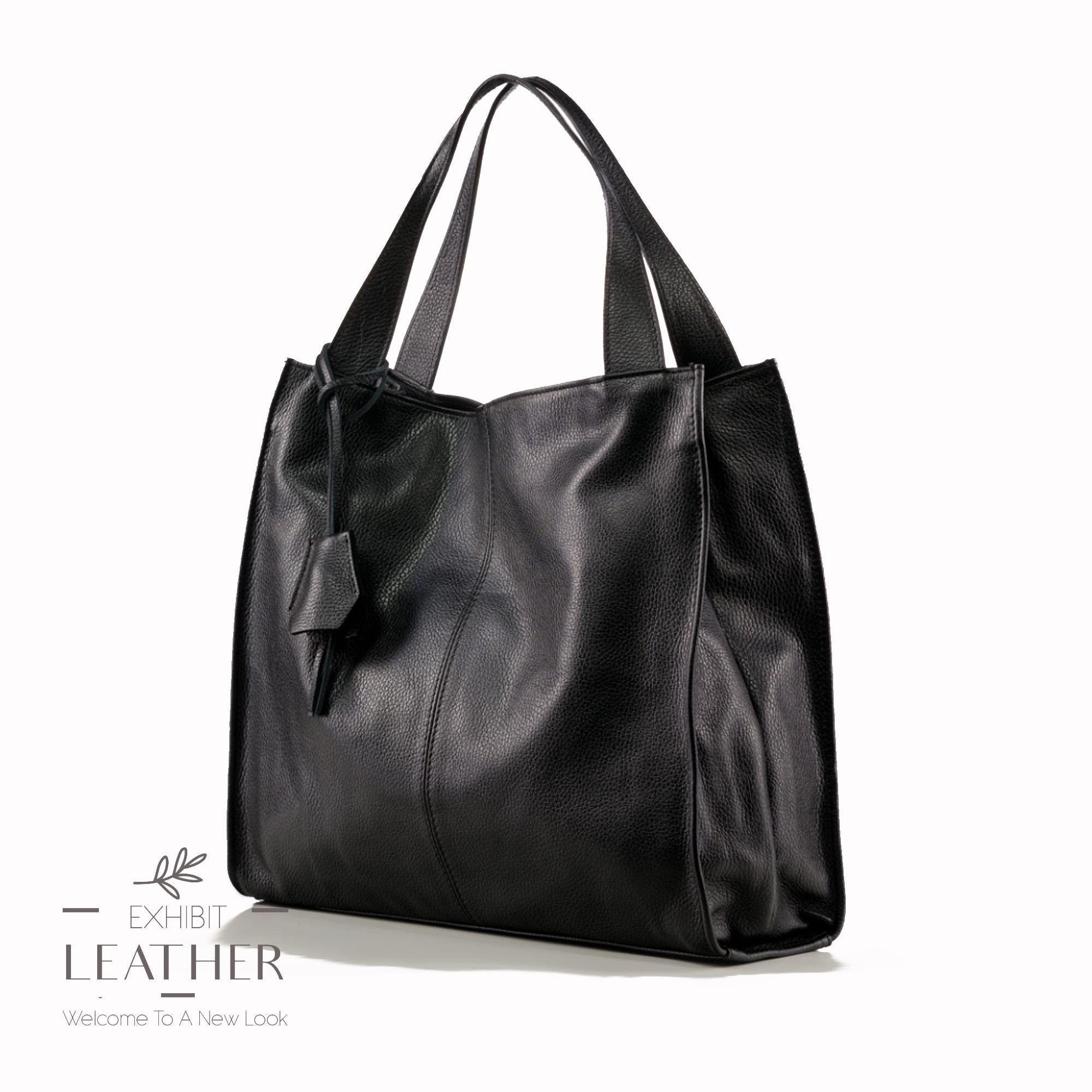 Black Leather Maxi Tote Bag: Top Zip XXL Shopper - Etsy
