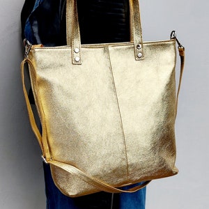 Top zip bright gold leather tote bag, Leather shoulder bag,  laptop bag, crossbody bag, leather big tote, shopper