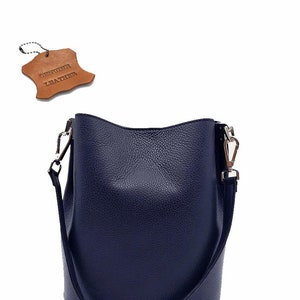 Sac seau en cuir véritable bleu marine, sac à main en cuir, sac à bandoulière, sac de couleur bleue, sac élégant en cuir véritable image 2