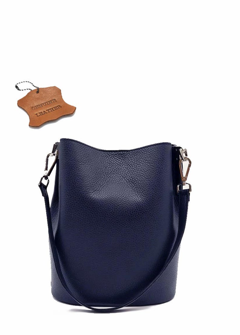 Sac seau en cuir véritable bleu marine, sac à main en cuir, sac à bandoulière, sac de couleur bleue, sac élégant en cuir véritable image 2