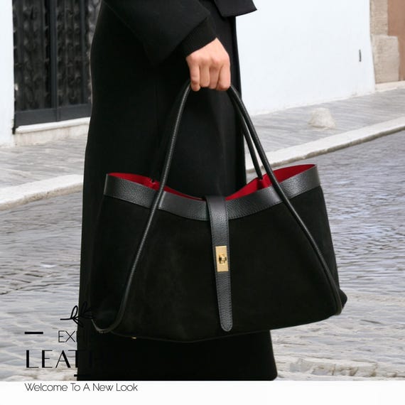 Made in Italy Black Real Suede Leather Tote Bag: Gold Hardware, Removable Strap, Premium Suede Leather