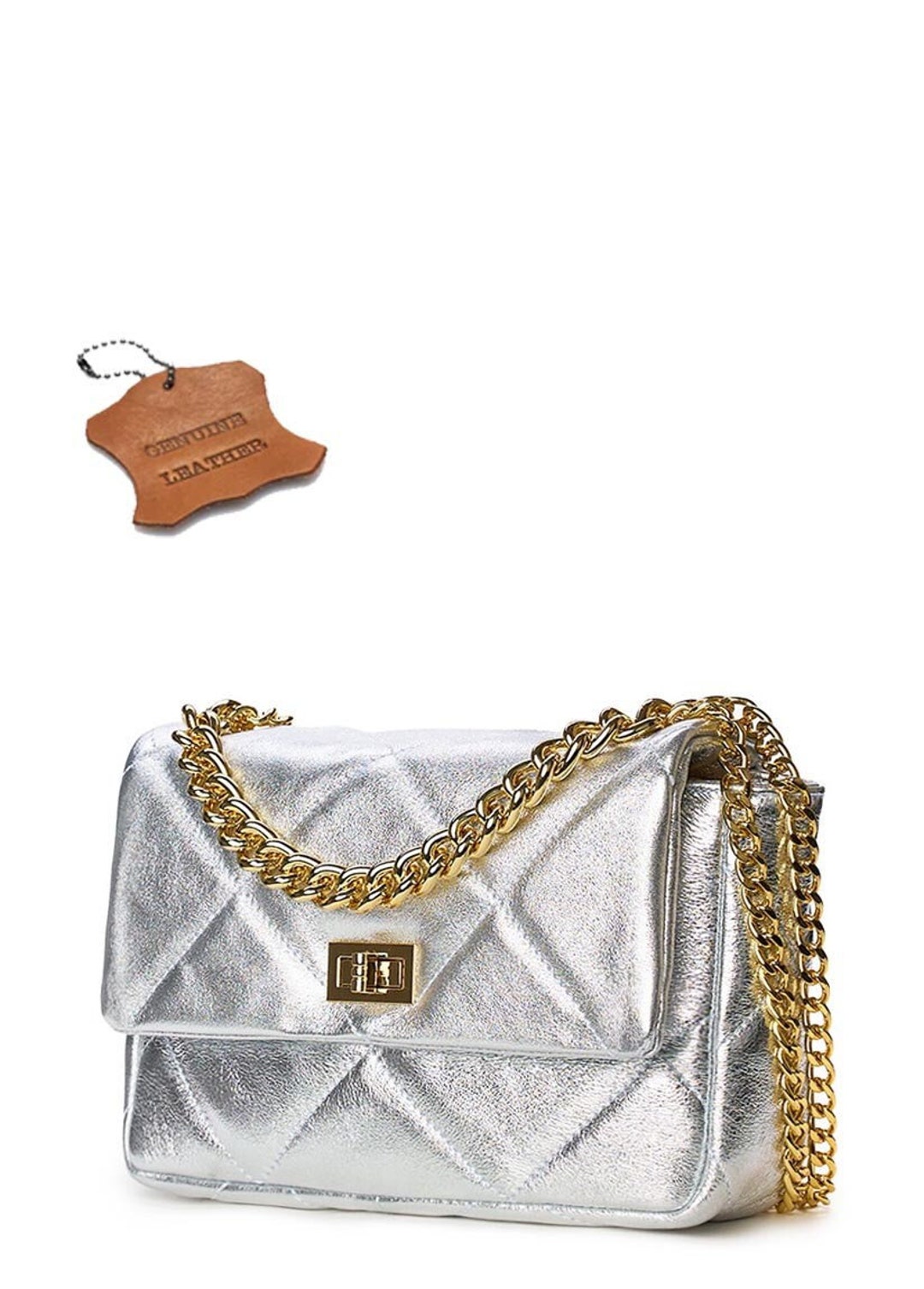 Quilted Genuine Leather Crossbody Handbag: Silver Metallic