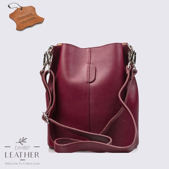Burgundy Leather Bucket Bag: Elegant Wine Color Shoulder Bag 