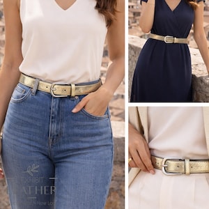 Metallic Gold Leder Gürtel – Italienischer Echtleder Gürtel mit Silber Schnalle – Dünner Eleganter Schimmer Gürtel – Taillengürtel