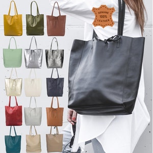 Echtleder Minimalist Einkaufstasche, natürlicher Shopper, Weiche ECHT Leder Umhängetasche, Große Laptop Tablet Tasche