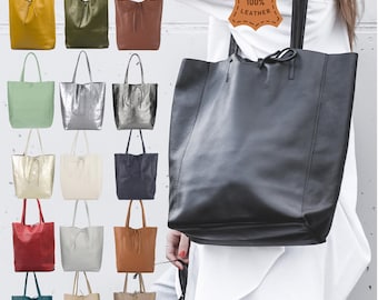 Minimalistische draagtas van echt leer: grote shopper, laptop-tablettas
