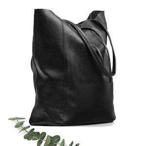 Leather tote bag in black, Leather shopper in black, Soft natural GENUINE leather shoulder bag, Large black tote bag, minimalist laptop bag image 3