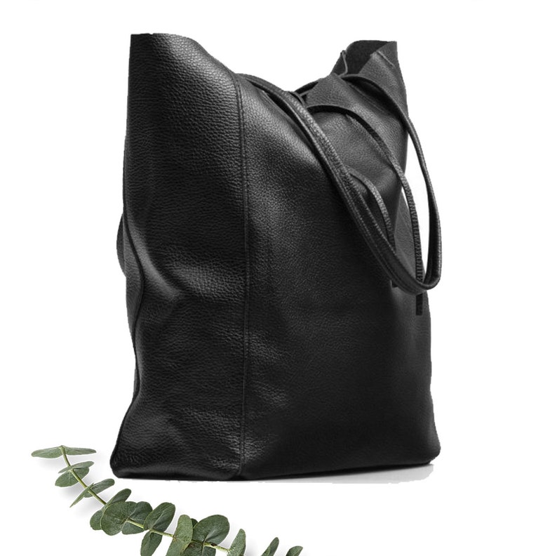 Leather tote bag in black, Leather shopper in black, Soft natural GENUINE leather shoulder bag, Large black tote bag, minimalist laptop bag image 3