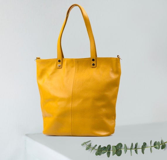 Top Zip Mustard Yellow Leather Tote Bag, Leather Shoulder