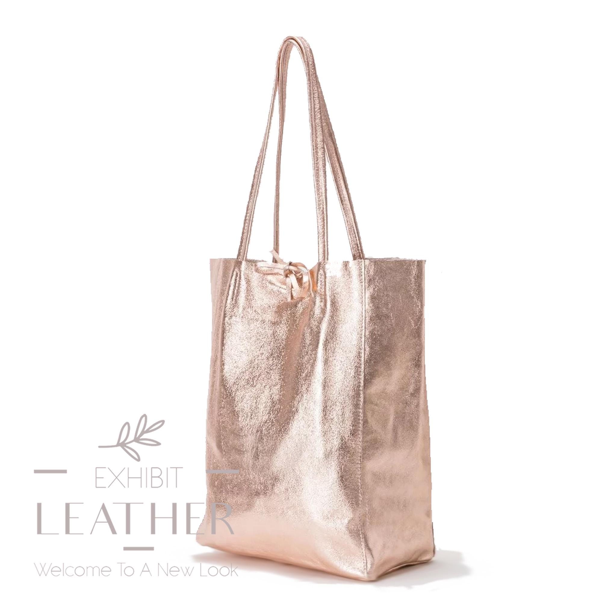 Maxi Tote Leather Bag in Rose Gold, Leather Shopper in Pink