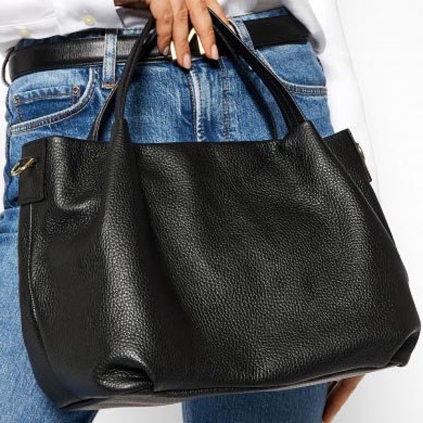 Top zip  genuine leather shoulder bag black colour, natural handbag, elegant shopper, woman gift Christmas