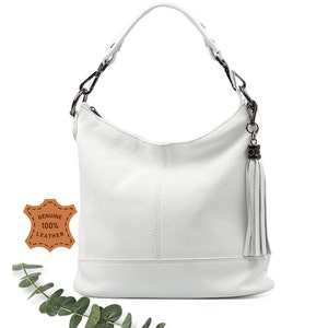 Weiße echte Leder-Reißverschluss-Umhängetasche mit Quaste, Lederhandtasche, Shopper-Tasche, weiße Farbe große Laptoptasche, echtes Leder-elegante Tasche