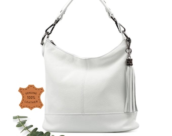 White genuine leather top zip shoulder bag with tassel, Leather handbag, Shopper bag, white color big laptop bag, Real Leather Elegant Bag