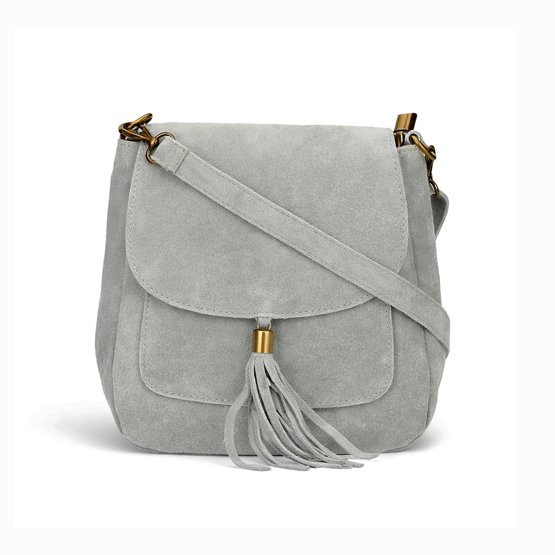Grey Italian Suede Leather Small Cross Body Bag Shoulder Everyday