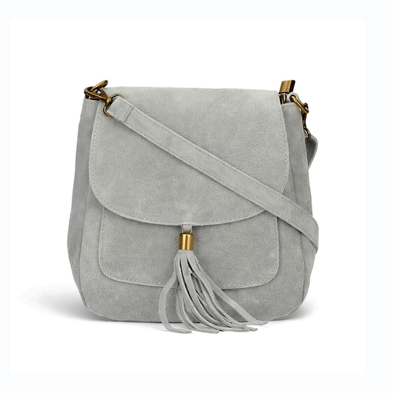 Grey Italian Suede Leather Small Cross Body Bag Shoulder Everyday