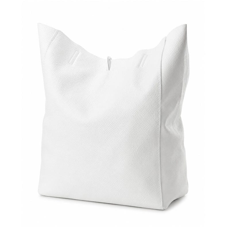 Bolsa Tote de Couro Genuíno Branco Puro: Bolsa de compras de couro de bezerro macio para uso diário. imagem 9