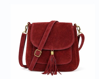 Burgundy Real Suede Leather Cross body Bag – Made in Italy