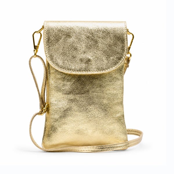 Gold Italian Genuine Leather Cell Phone Bag: Minimalist Cross Body Wallet Everyday Use