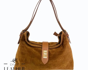 Sac à bandoulière souple en cuir de veau velours, 9 couleurs : finitions dorées, cuir véritable