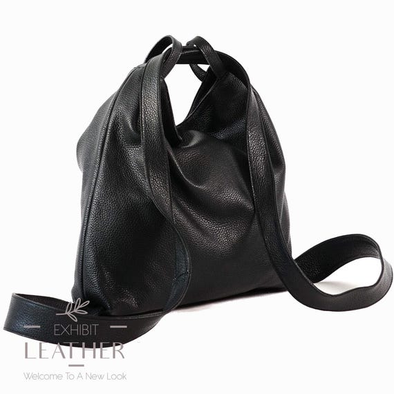 Convertible Black Leather Backpack Bag: Top Zip Travel Tote  display picture 2
