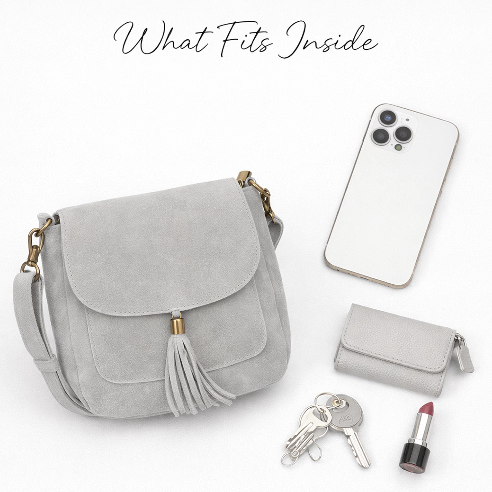 Grey Italian Suede Leather Small Cross Body Bag Shoulder Everyday