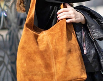 Cognac bruin suède lederen hobo schoudertas, Suede Leather Hobo Bag, Shopper Bag, bruine kleur Grote Laptoptas