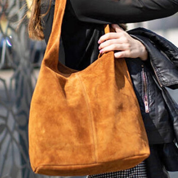 Cognac brown suede genuine leather hobo shoulder bag, Suede Leather Hobo Bag, Shopper Bag, brown color Big Laptop Bag