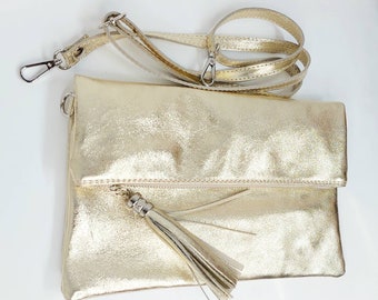 Gold color real leather bag, Cross body shoulder bag, genuine leather messenger bag, tablet book bag zipper, wedding clutch
