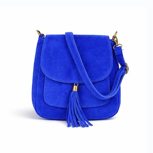 Royal Blue Suede Leather Crossbody Bag: Top Zip Messenger