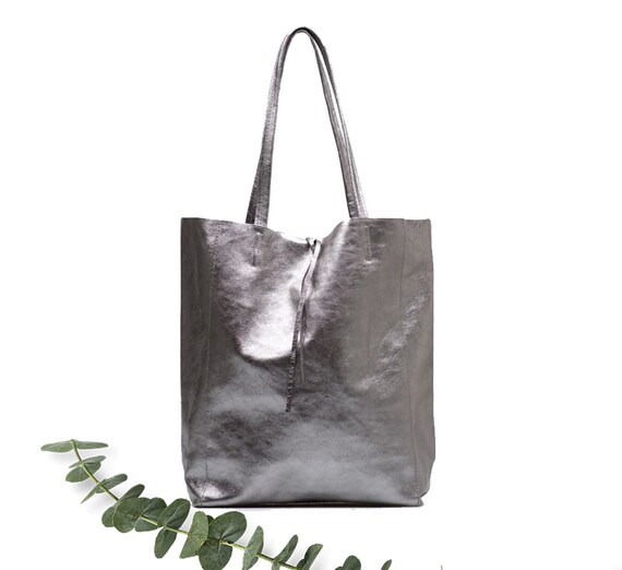 Gunmetal Leather Maxi Tote Bag: Dark Silver Shopper - Etsy