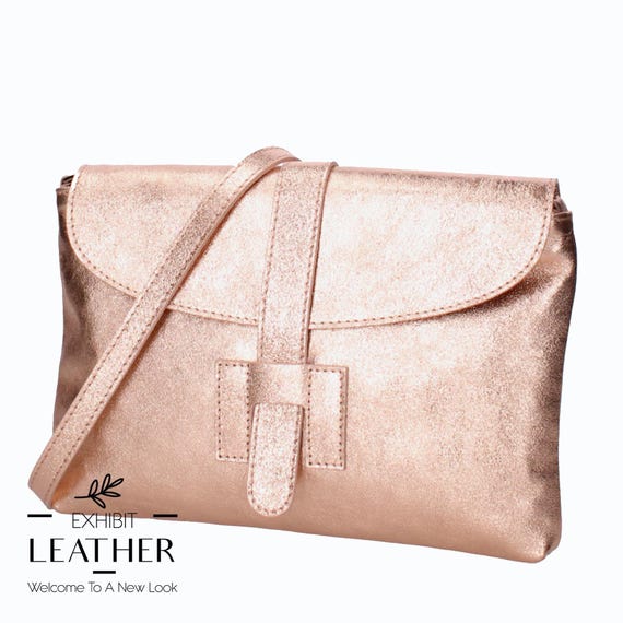 Metallic Rose Gold Real Leather Classic Style Cross Body Envelope