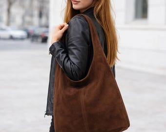 Italian Real Dark Brown Suede Leather Hobo Bag Slouchy Shoulder Large Shopper
