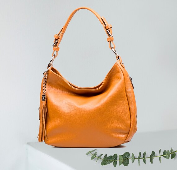Cognac Brown Leather Hobo Bag: Top Zip Shoulder Bag With  display picture 2