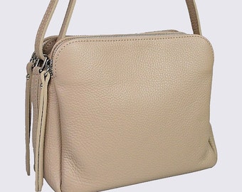 Sac à main à bandoulière en cuir taupe, sac à main zippé, sac à main multi femme en cuir taupe, sac à bandoulière en cuir de vachette, sac à bandoulière