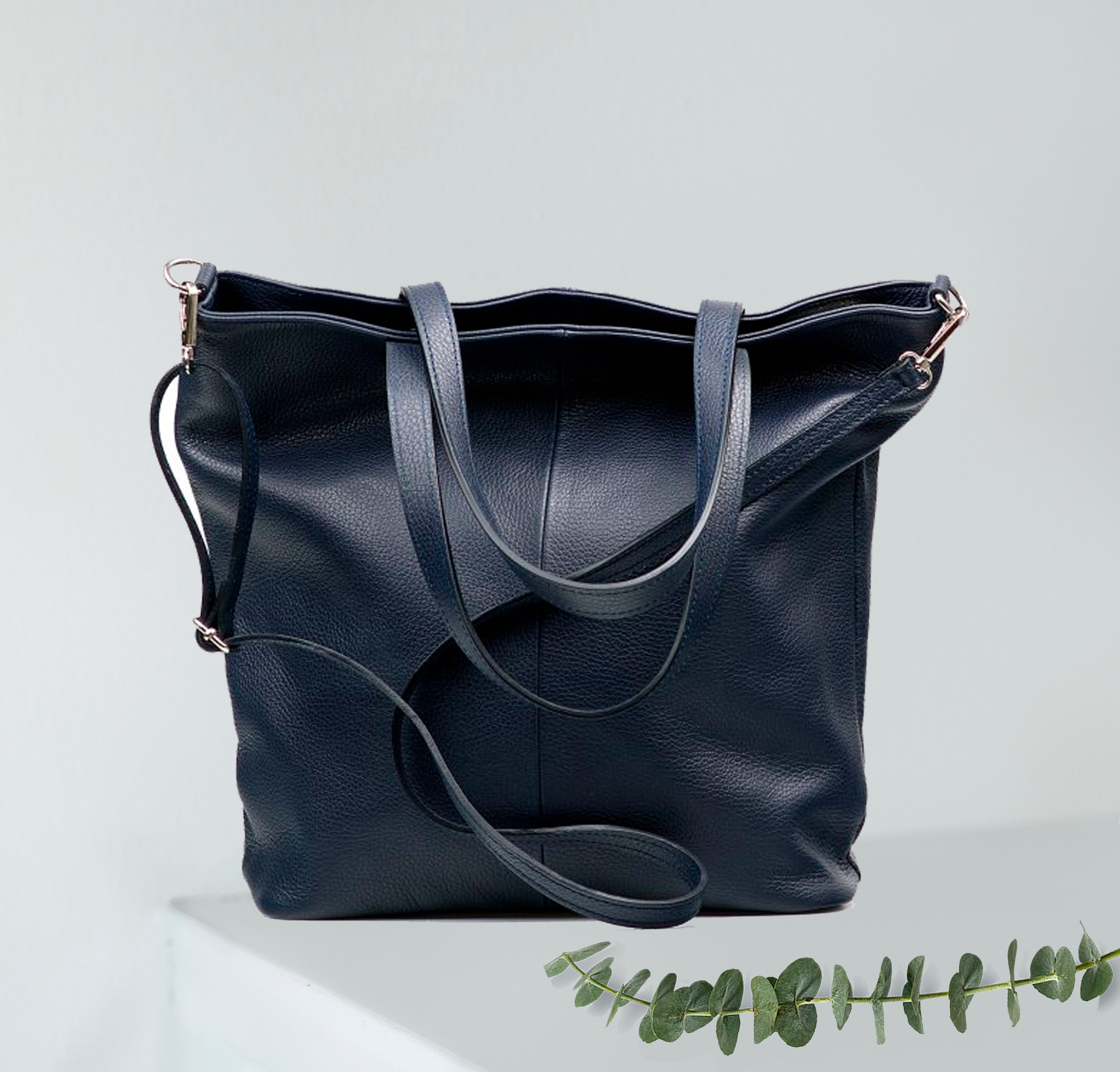 Top Zip Navy Blue Leather Tote Bag, Leather Shoulder Bag