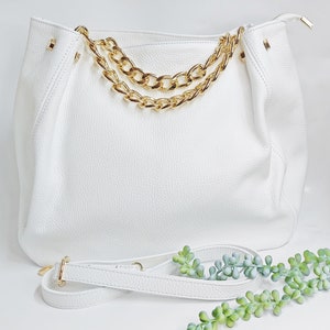 White Leather Shoulder Bag: Chain Detail, Elegant Shopper Handbag