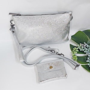 Bolso pequeño de piel auténtica plateada con cremallera superior, cartera de piel plateada, bolso bandolera, bolso de piel auténtica, bolso de mano pequeño, clutch de boda