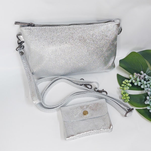 Top Zip Silber Echtleder kleine Tasche, Leder Portemonnaie in Silber, Cross Body Umhängetasche, Echtleder Tasche, kleine Handtasche, Hochzeit Clutch