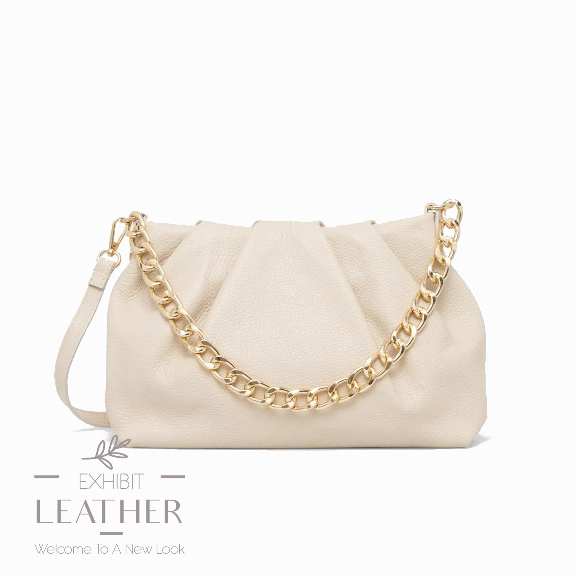 Beige Leather Shoulder Bag: Chain Crossbody Pochette - Etsy